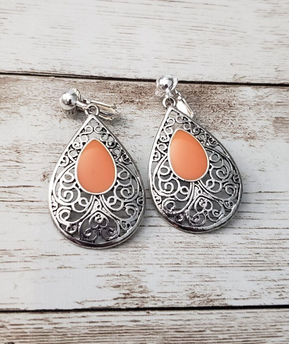 Vintage Clip On Earrings Silver Tone & Orange Ornate Teardrop Shape Dangle